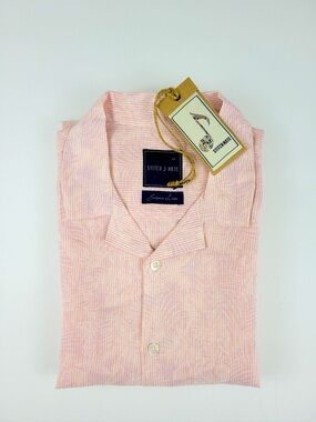 Stitch Note Men's Short-Sleeve Button-Down Linen Shirt in Light Pink